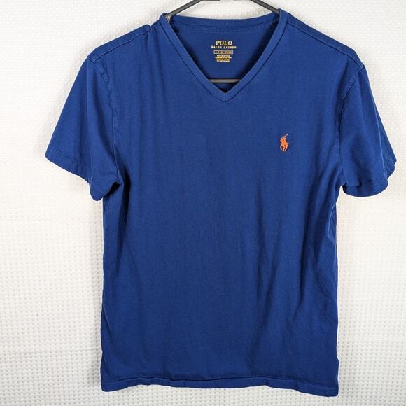 Polo Ralph Lauren Small Blue V Neck T Shirt Orange Pony Logo Classic Fit Cotton - Picture 1 of 4